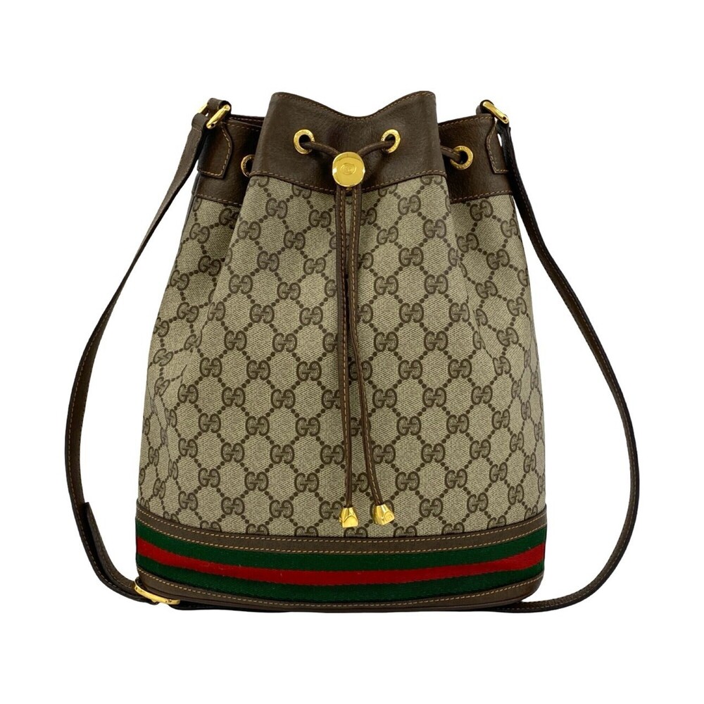 GUCCI Vintage Sherry Line GG Logo Leather Drawstring Shoulder Bag (Brown, 54338)